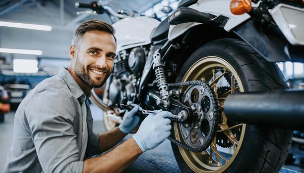 A Me and You Bike Clinic technician servicing a motorcycle's rear chain and sprocket